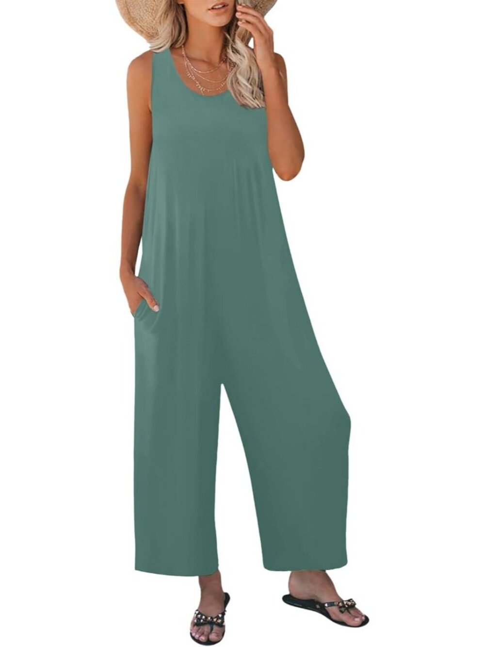 Women's Light Green Casual Loose Tank Sleeveless Crewneck Long Pant Romper